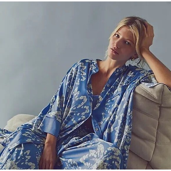 Free People Other - Free People Intimately Goddess Satin Sleep Shirt L Blue Ocean Button Front Silky